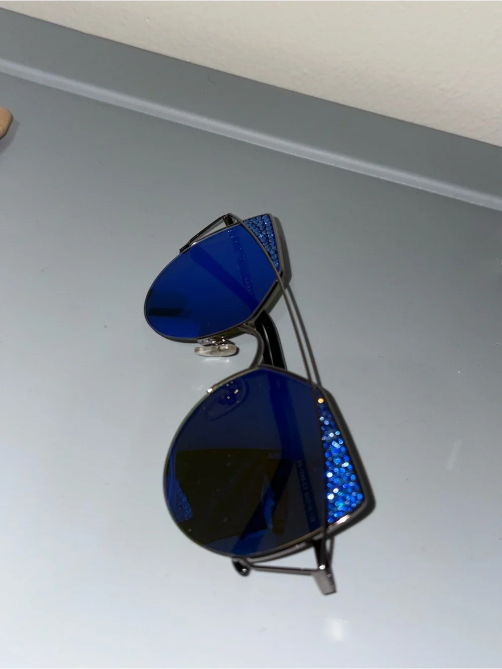 Sarar Blue Mirrored Round Women’s Sunglasses with Crystal Accents